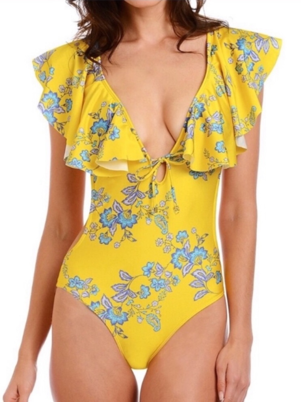 Sam Edelman Yellow‎ Floral Ruffle One-Piece Swimsuit with Blue Print